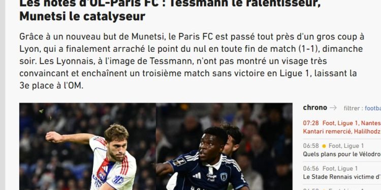 Jornal francês fez avaliação dos jogadores da partida entre Lyon e Paris Fc — Foto: Reprodução
