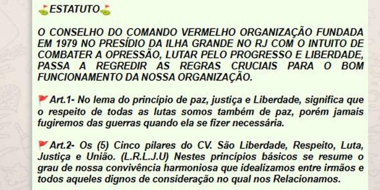 'Estatuto' do Comando Vermelho — Foto: Reprodução
