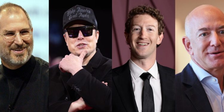 Empresários como Steve Jobs, Elon Musk, Mark Zuckerberg e Jeff Bezos se destacam por transformar ideias em negócios de sucesso — Foto: Getty Images