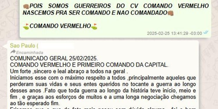 Comunicado enviado em 25 de fevereiro de 2025 dá conta de aliança entre as facções — Foto: Reprodução