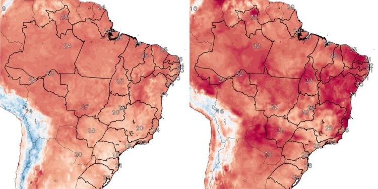 Previsão de mínima e máxima em todo o país, segundo o INPE, para 12 de março de 2026 — Foto: Reprodução / INPE
