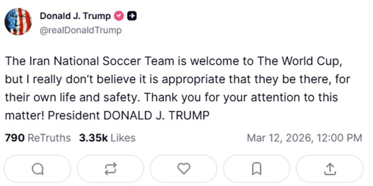 Pronunciamento de Donald Trump sobre participação da Seleção Iraniana na Copa do Mundo 2026 — Foto: Reprodução: Truth Social