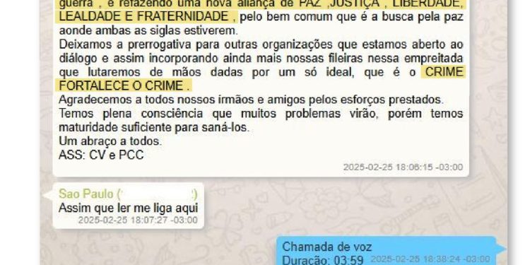 Troca de mensagens entre CV e PCC — Foto: Reprodução