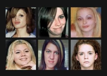 As vítimas de Heuermann, em sentido horário, a partir da linha superior: Shannan Gilbert, Maureen Brainard-Barnes, Melissa Barthelemy, Valerie Mack, Amber Lynn Costello e Megan Waterman — Foto: Reprodução: Condado Policial de Suffolk