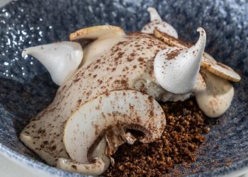 Oseille: champignon, sorvete de baunilha, chantilly de cogumelo, crumble de chocolate e cogumelo — Foto: Divulgação/Tomás Rangel