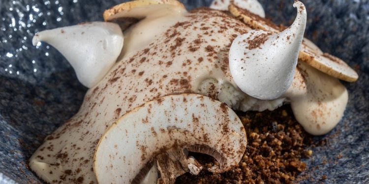 Oseille: champignon, sorvete de baunilha, chantilly de cogumelo, crumble de chocolate e cogumelo — Foto: Divulgação/Tomás Rangel