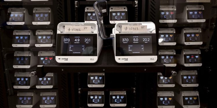 Nesta foto tirada em 5 de maio de 2026, unidades CL1 contendo células corticais e do hipocampo em uma placa de cultura celular estão instaladas em servidores, onde ficam disponíveis para estudo via internet, no laboratório de Nível 2 de Contenção Física (PC2) da Cortical Labs, em Melbourne. — Foto: AFP