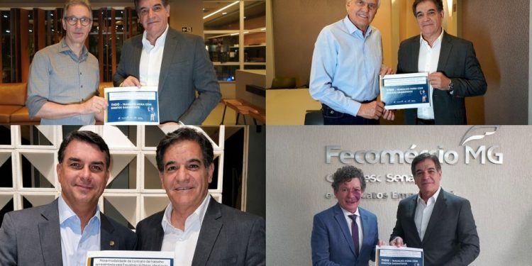 Nadim Donato, presidente do Sistema Fecomércio MG, Sesc e Senac, apresentou o projeto para o deputado federal Reginaldo Lopes (PT), os ex-governadores Ronaldo Caiado (PSD) e Romeu Zema (Novo) e o senador Flávio Bolsonaro (PL) — Foto: Jessica Saraland / Lucas Peroni