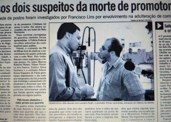 Reportagem com foto de empresário discutindo com promotor, meses antes do crime — Foto: Reprodução/Acervo O GLOBO