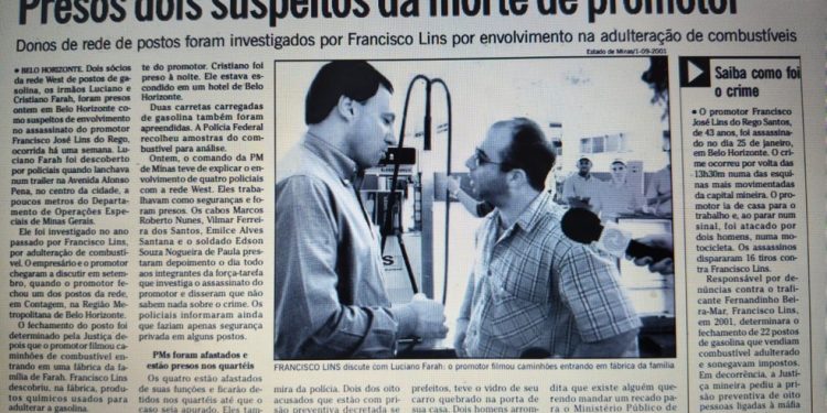 Reportagem com foto de empresário discutindo com promotor, meses antes do crime — Foto: Reprodução/Acervo O GLOBO