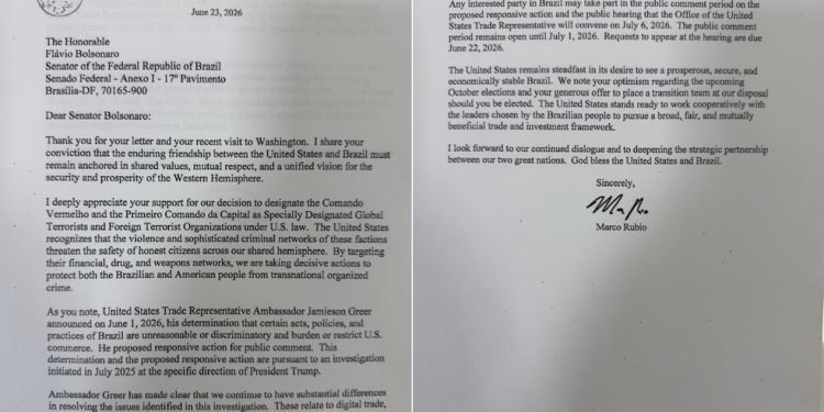 Carta do secretário de Estado dos EUA, Marco Rubio, em resposta a telegrama enviado por Flávio Bolsonaro no início de junho pedindo para que o governo Donald Trump não aplicasse novas tarifas contra o Brasil — Foto: Reprodução