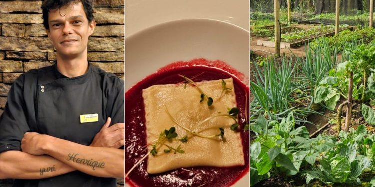 O chef Igor Barroso, o ravióli de cará-moela e a horta do Parador Lumiar — Foto: Cláudia Meneses / Agência O Globo
