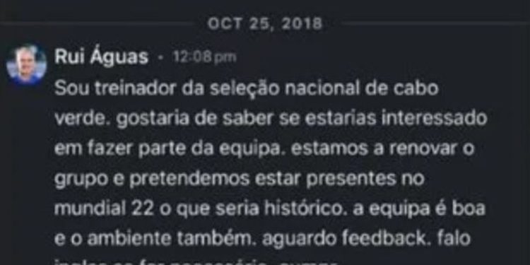 Mensagem enviada pelo técnico Rui Águas para Roberto Lopes, de Cabo Verde — Foto: Reprodução