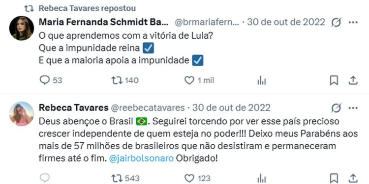 Manifestação de esposa de Fabinho em apoio a Jair Bolsonaro, após resultado de 2022 — Foto: Reprodução / Redes Sociais