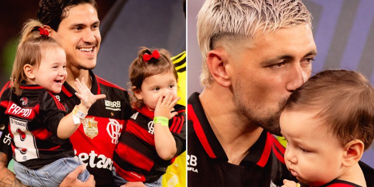 Em clima de dia dos pais, jogadores do Flamengo entram em campo com seus filhos em jogo contra o Vitória