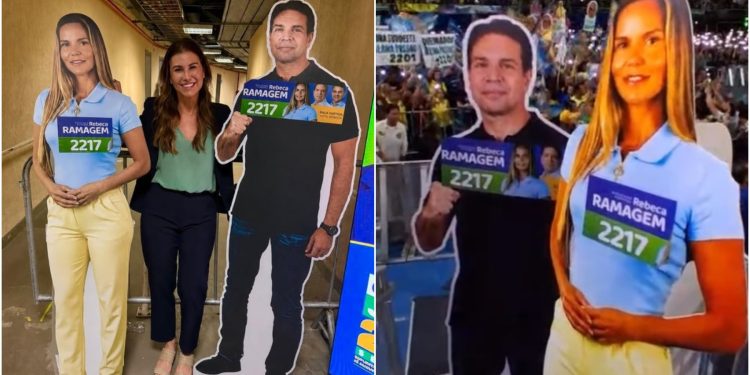 PL leva bonecos de papelão de Alexandre e Rebeca Ramagem para ato de Flávio Bolsonaro no Rio