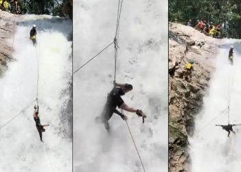 Turista fica preso em corda de rapel, dá piruetas diante de cachoeira na China e é diagnosticado com estresse agudo; vídeo