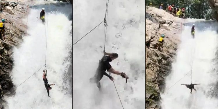 Turista fica preso em corda de rapel, dá piruetas diante de cachoeira na China e é diagnosticado com estresse agudo; vídeo