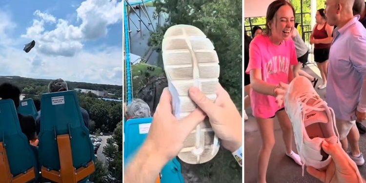 Viralizou: passageiro toma ‘sapatada’ em plena montanha-russa e ainda consegue pegar o tênis no ar; assista