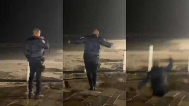 Guarda civil é engolido por cratera após calçada ceder durante temporal em Praia Grande; veja vídeo