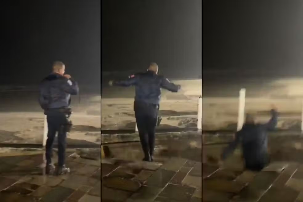 Guarda civil é engolido por cratera após calçada ceder durante temporal em Praia Grande; veja vídeo