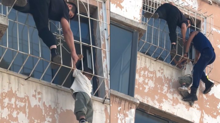 Menino de 5 anos é resgatado após ficar pendurado com a cabeça presa em grades de janela no sexto andar de prédio na China
