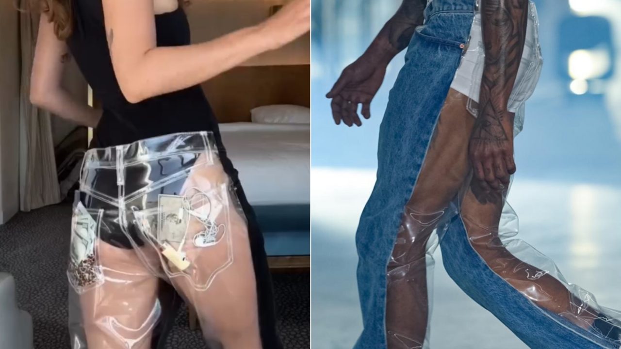 Nova moda? Marca lança calça jeans com verso em plástico transparente por R$ 8,5 mil