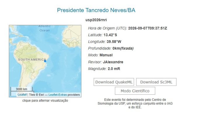 Tremor de terra de magnitude 2.0 é registrado em cidade da Bahia