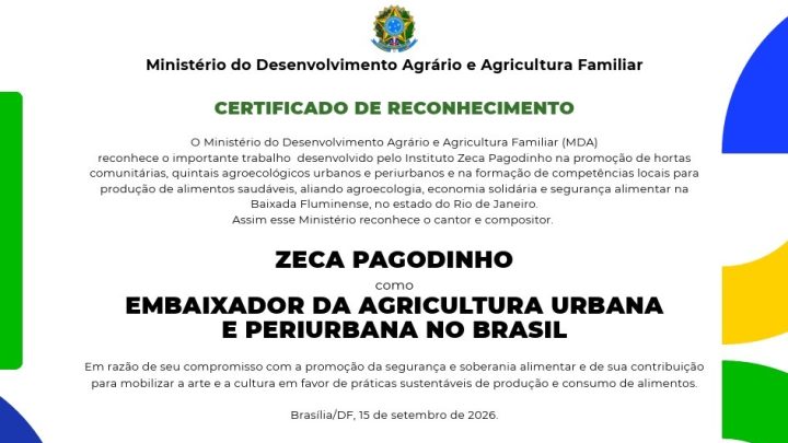 Zeca Pagodinho recebe de Lula título de Embaixador da Agricultura Urbana