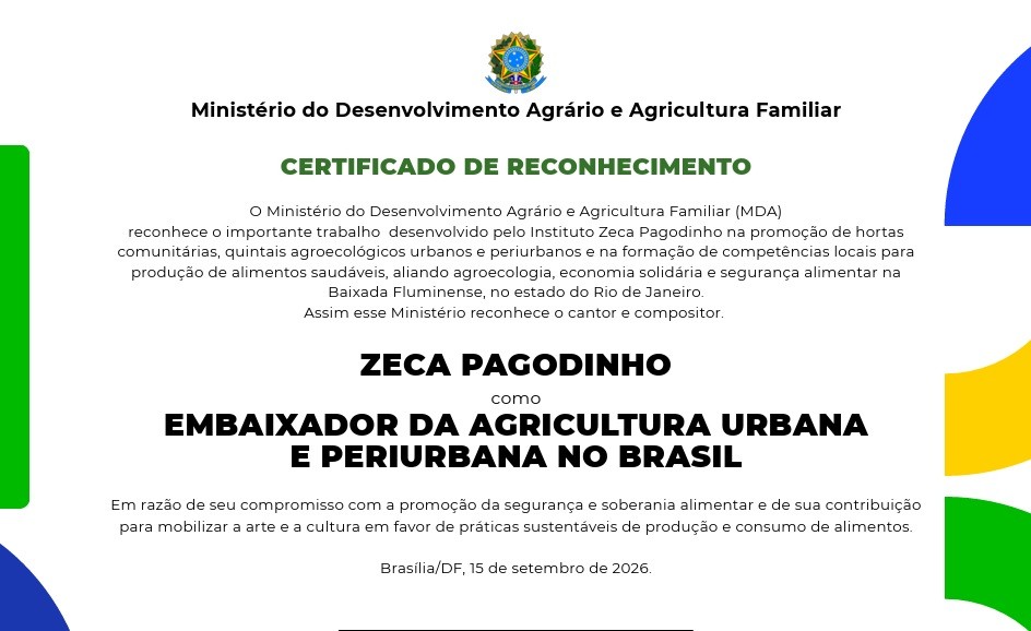 Zeca Pagodinho recebe de Lula título de Embaixador da Agricultura Urbana