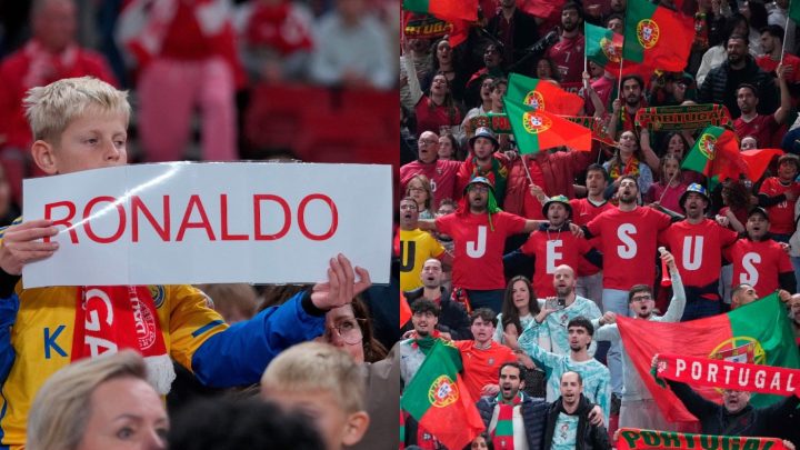 Torcedores se dividem em apoio a Jorge Jesus e Cristiano Ronaldo nas arquibancadas em Dinamarca x Portugal
